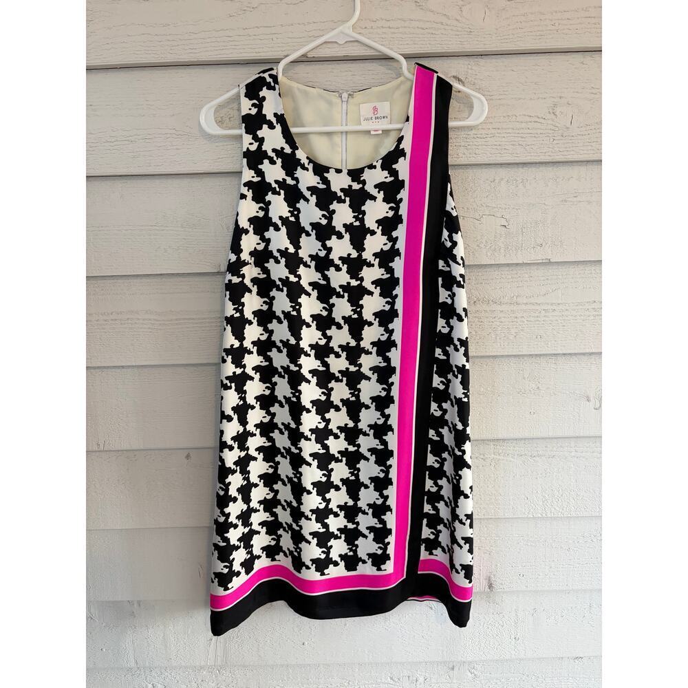 Julie Brown NYC 100% Silk Dress Size 6 Black White Houndstooth Pink Trim Shift - Picture 2 of 7